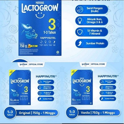 Lactogrow 3 Vanila/Madu/Plain 750gr - Susu Formula 1-3 Tahun